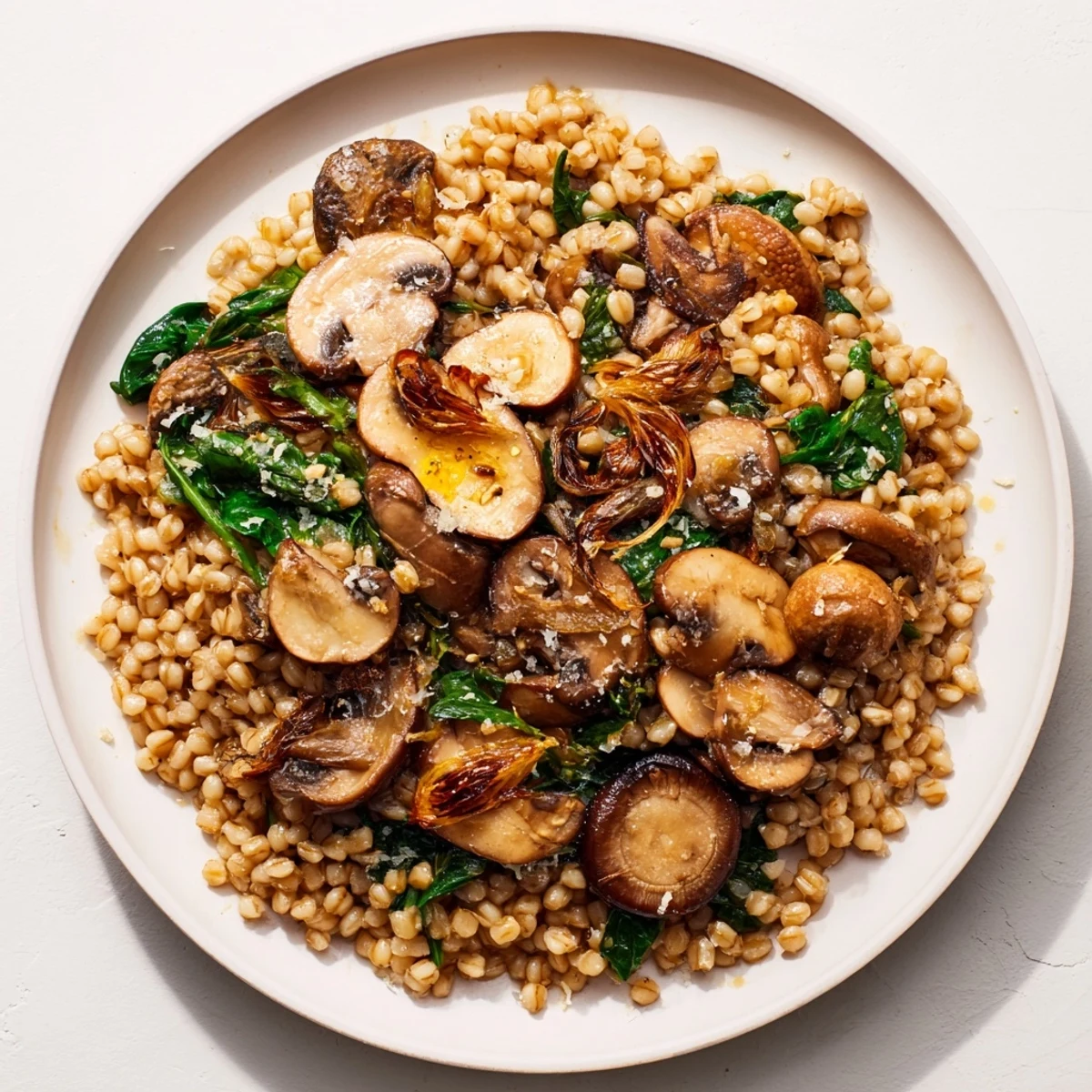 Creamy barley and mushroom risotto, with vibrant green herbs and golden-brown butter drizzled on top.