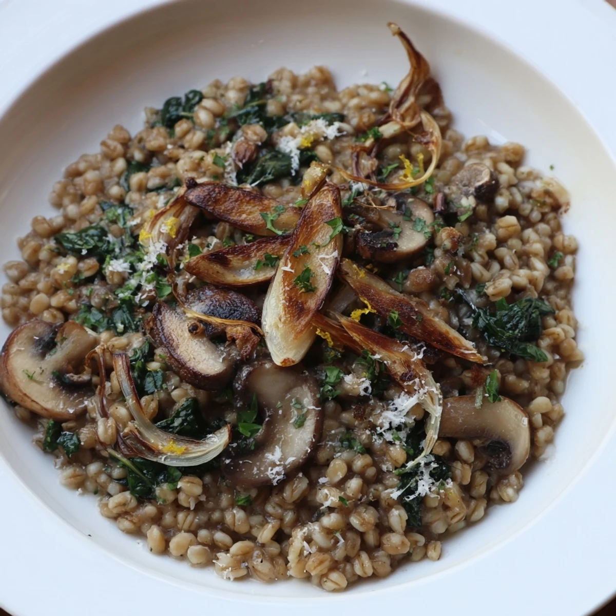 This comforting close-up showcases a steaming bowl of barley and mushroom risotto, ready to be enjoyed.