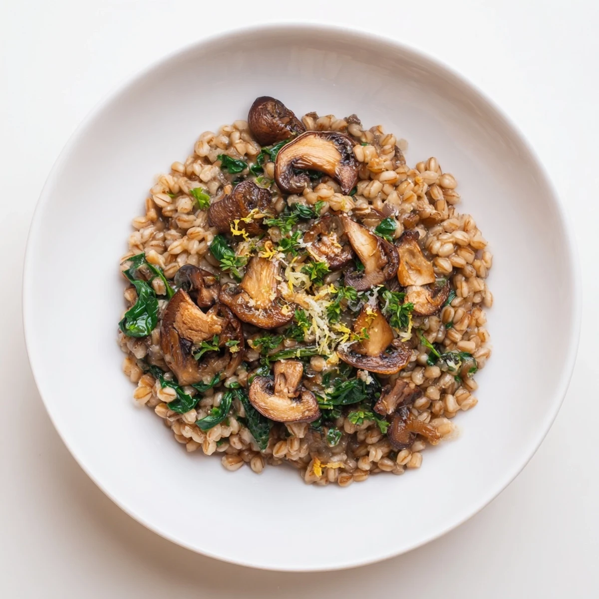 Imagine the earthy flavors: a beautiful finished plate of vegetarian barley and mushroom risotto, garnished with fresh parsley.