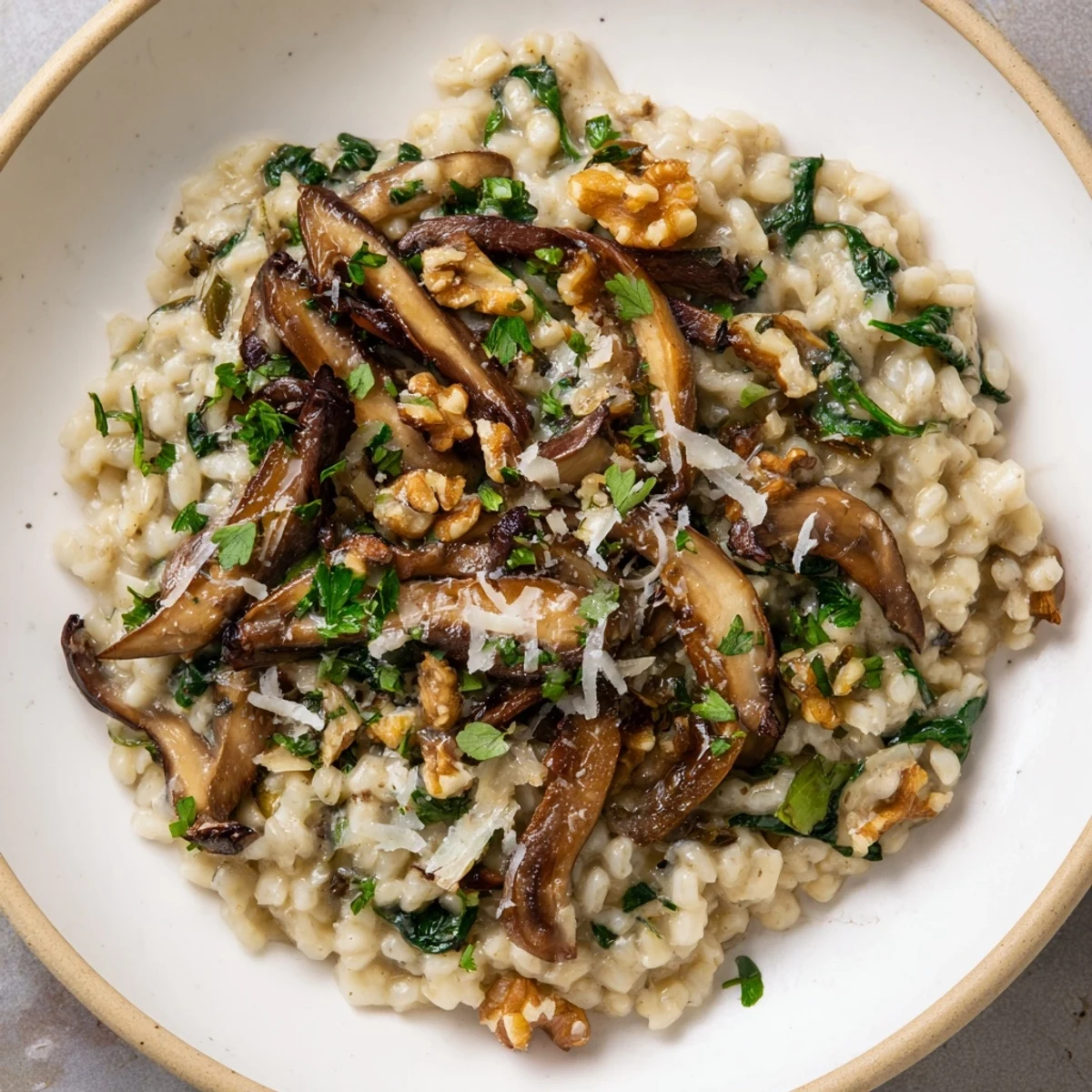 Creamy barley and mushroom risotto, a comforting vegetarian dish with earthy mushrooms and fresh herbs.