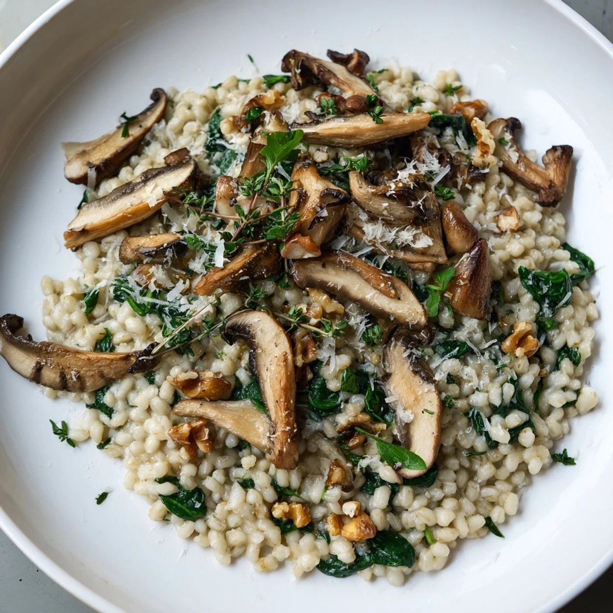 A steaming bowl of barley and mushroom risotto, rich and savory, perfect for a cozy dinner.