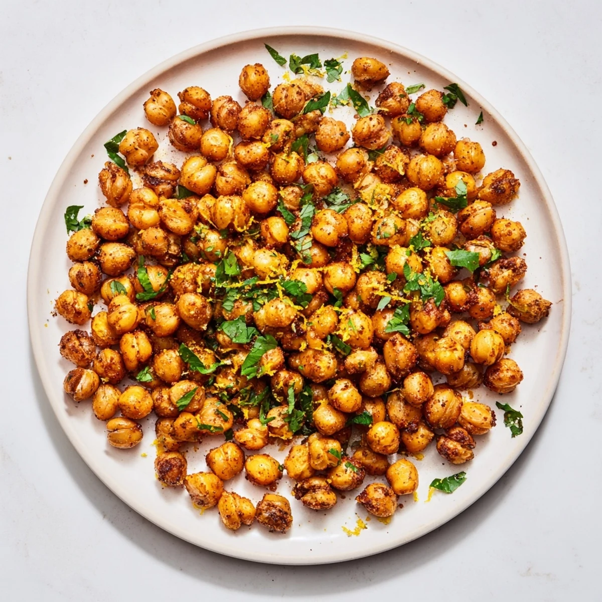 Close-up of perfectly roasted cumin chickpeas, a simple vegan snack bursting with Mediterranean flavors.
