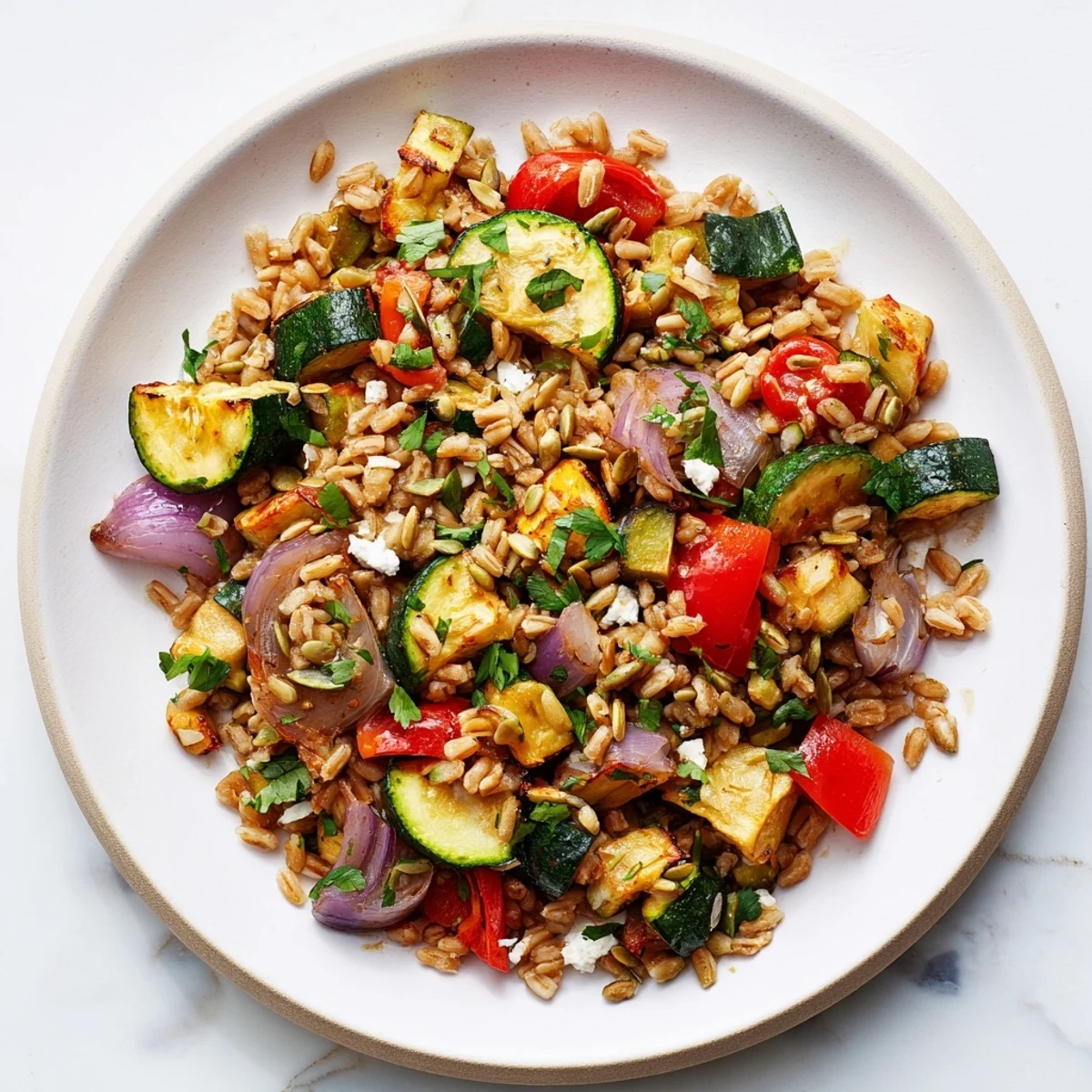 Close-up of a vibrantly colored Farro Oat Topped and Roasted Vegetable Salad, ready to be enjoyed.