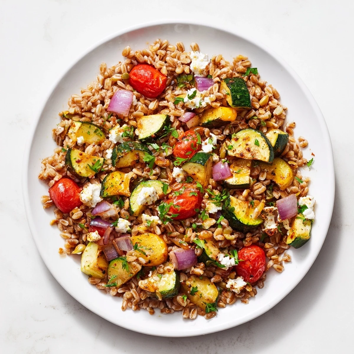 A beautiful bowl of Farro Oat Topped and Roasted Vegetable Salad showcasing roasted vegetables and crispy oats.