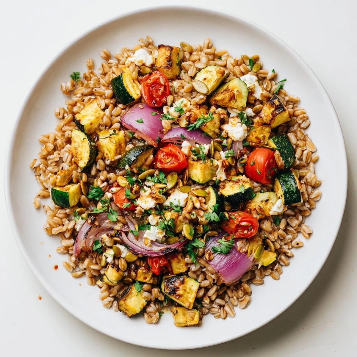 This healthy Farro Oat Topped and Roasted Vegetable Salad appears warm and inviting, perfect for a cozy meal.