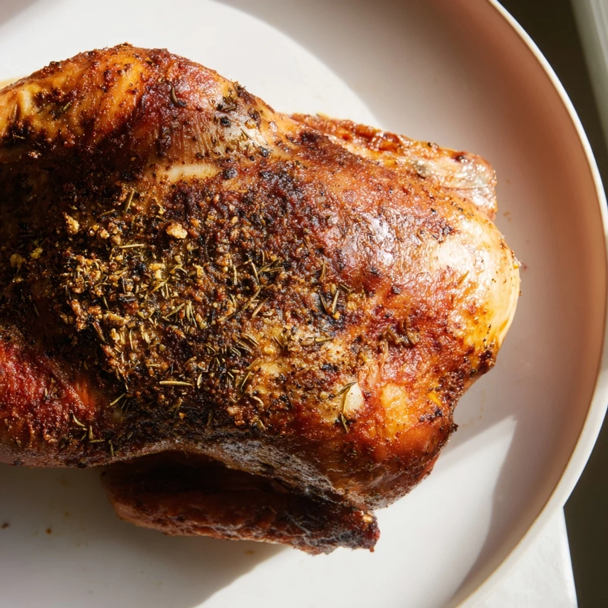 A beautifully roasted Paprika Spiced Turkey, showcasing the crispy skin and flavorful spices on top.