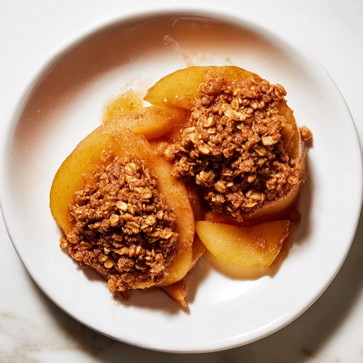 Freshly baked, golden Turmeric Maple Almond Crisp Apples, delicious dessert for any occasion.