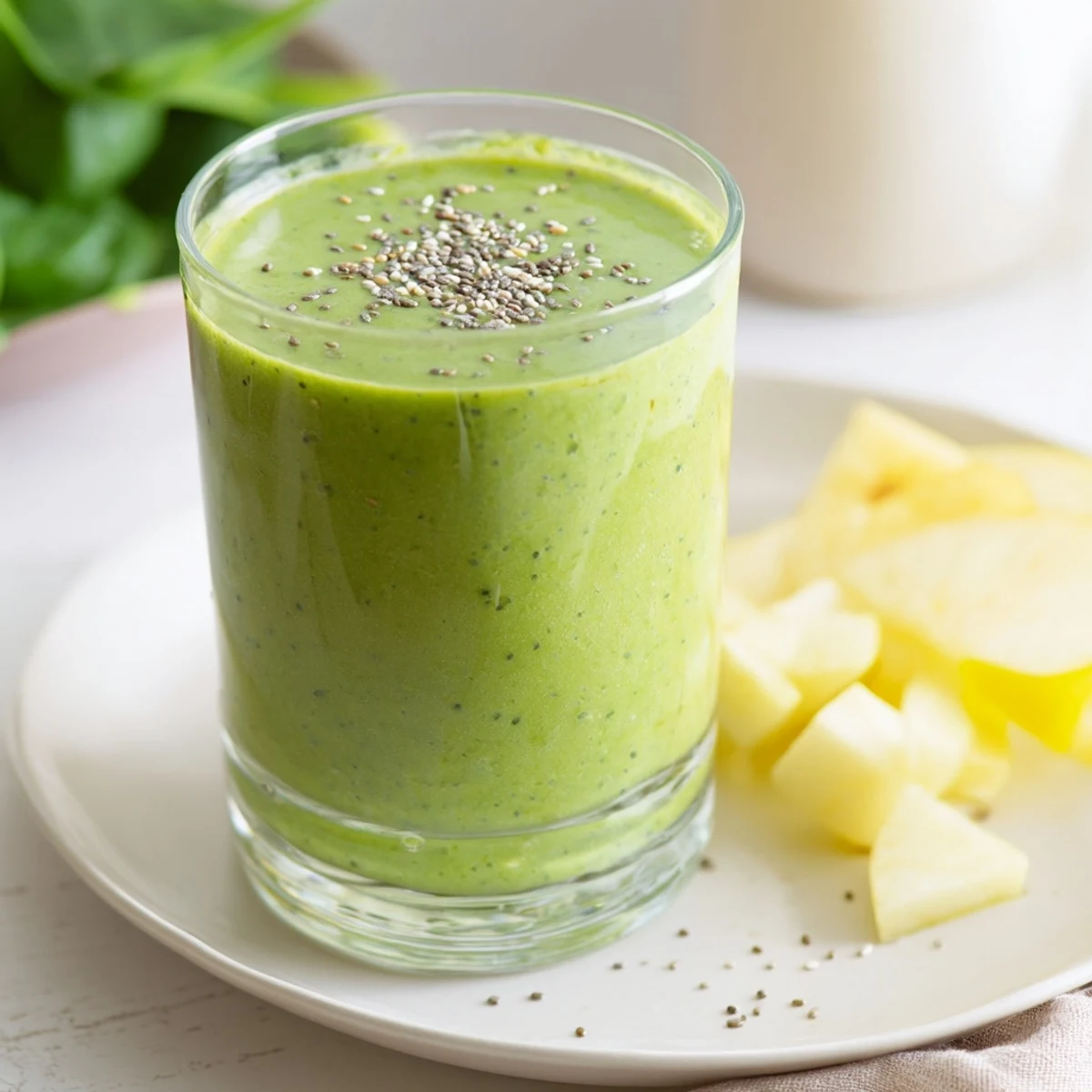 A close-up of a bright Vanilla Scented Green Immune Smoothie, beautifully garnished and ready to enjoy.