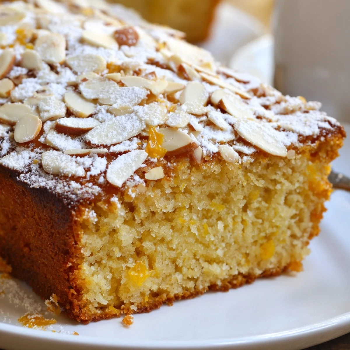 A slice of warm Orange Almond Cake, showcasing the moist crumb and toasted almond topping, delicious.