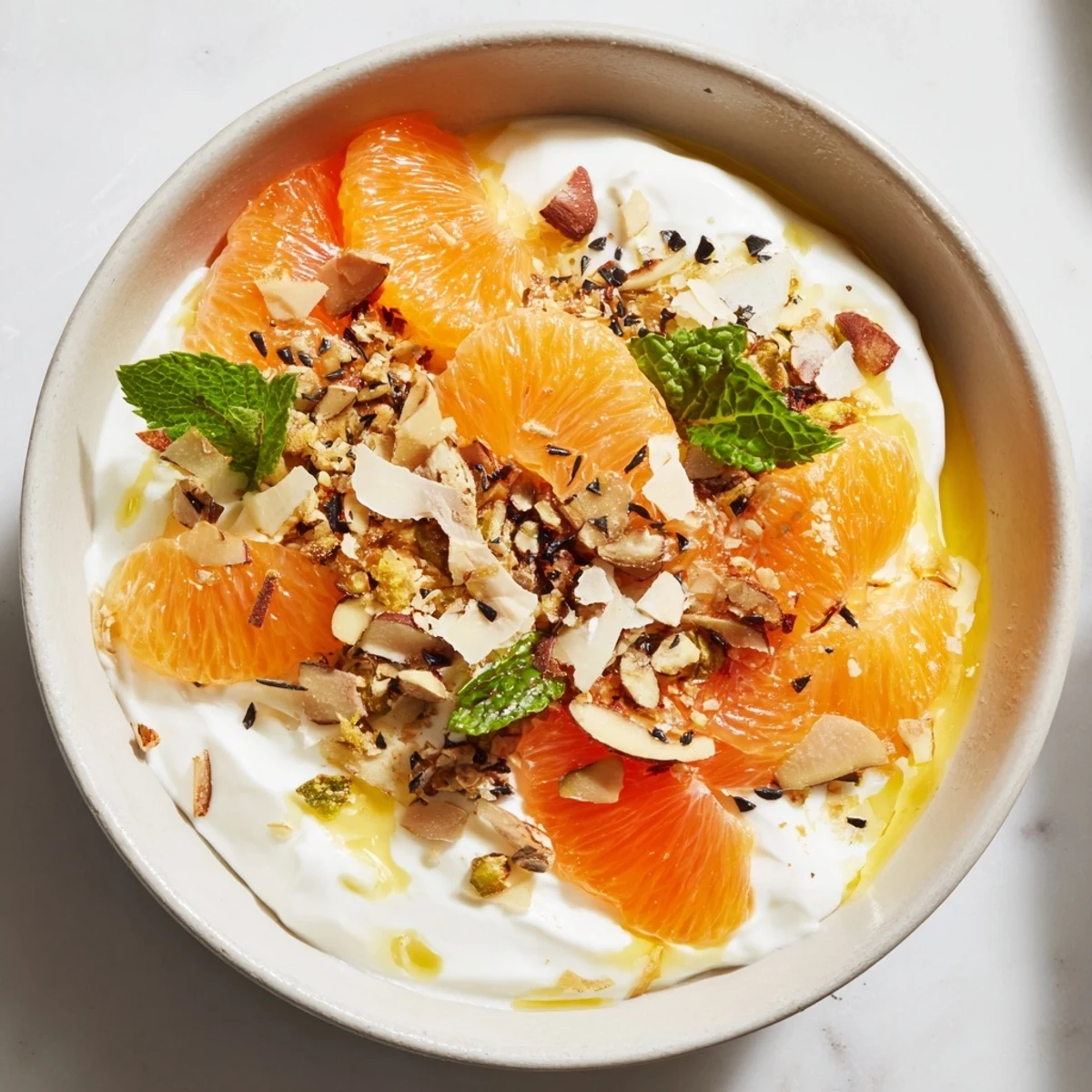 Cool, tangy Citrus Yogurt Bowl with bright oranges and grapefruits drizzled with honey and nuts.