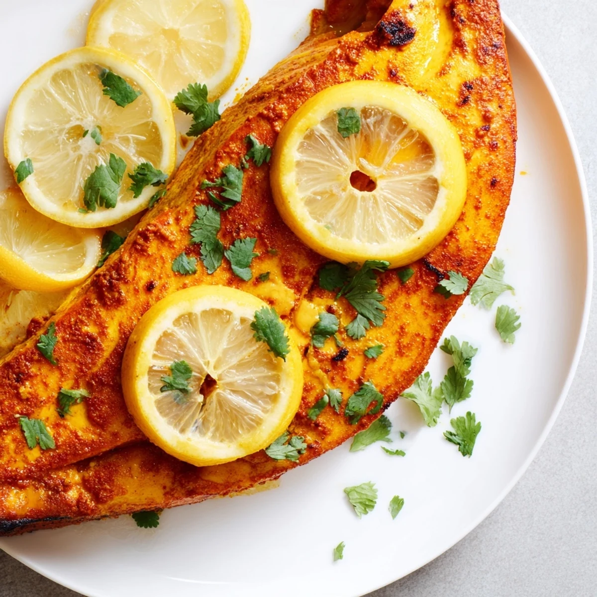 Seared Hearth Baked Turmeric Lemon Salmon with crispy skin, garnished with herbs and lemon slices.