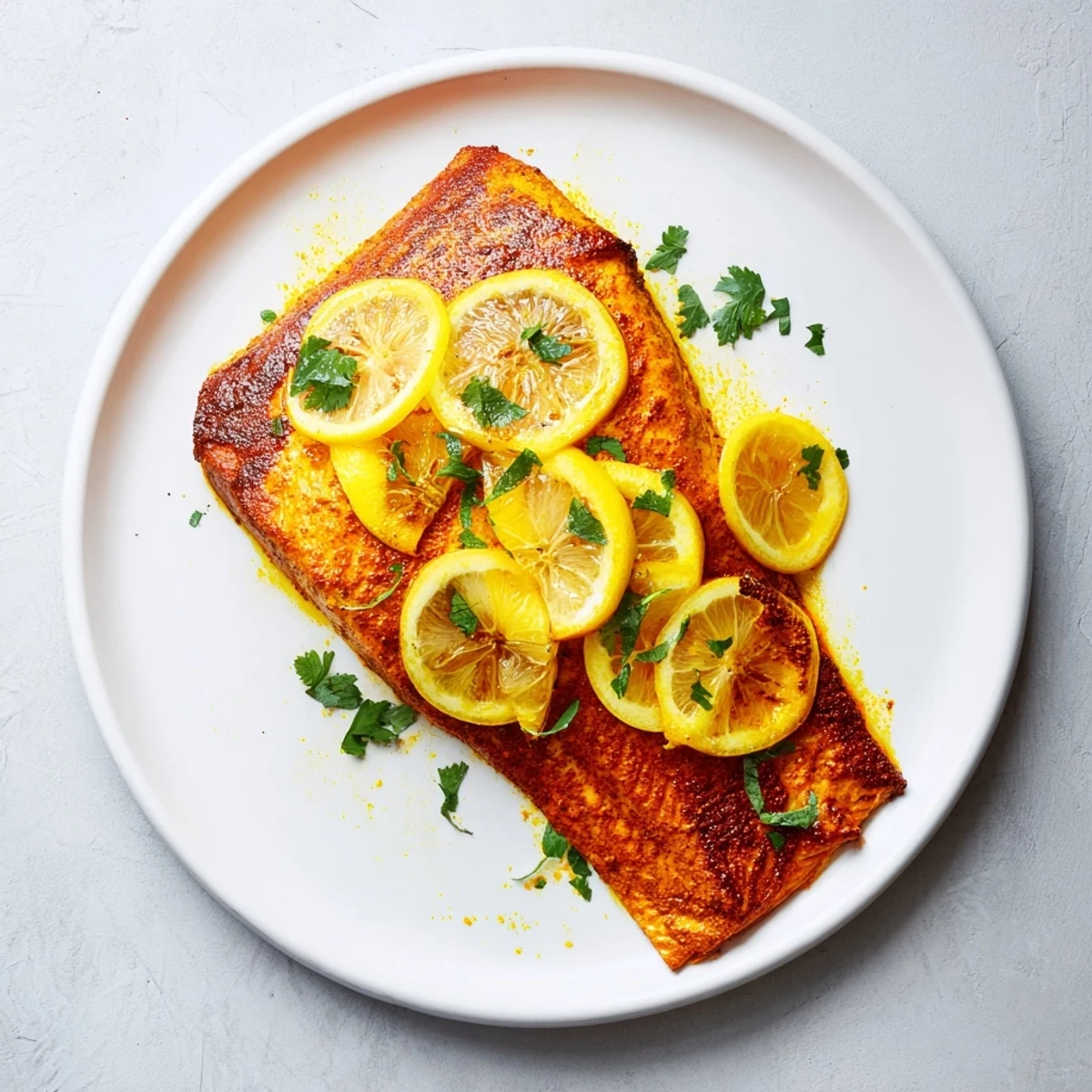 Golden, flavorful Seared Hearth Baked Turmeric Lemon Salmon, fresh from the oven, ready to serve.