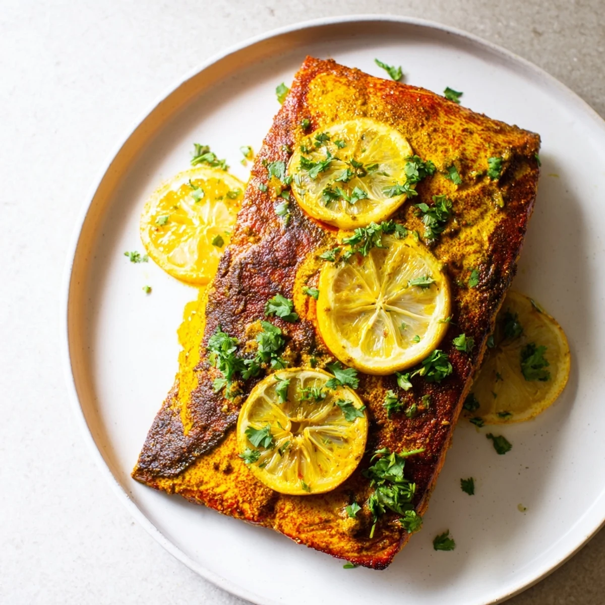 A close-up of beautifully plated Seared Hearth Baked Turmeric Lemon Salmon showcasing flaky texture and vibrant color.
