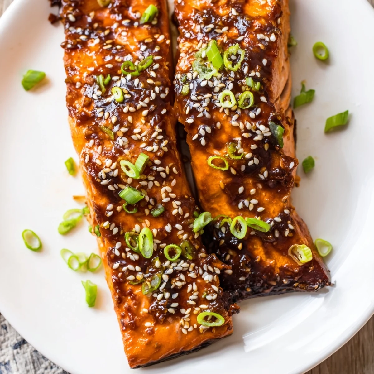 Golden, flaky Maple Soy Salmon prepared with a sweet glaze, ready to serve with rice.