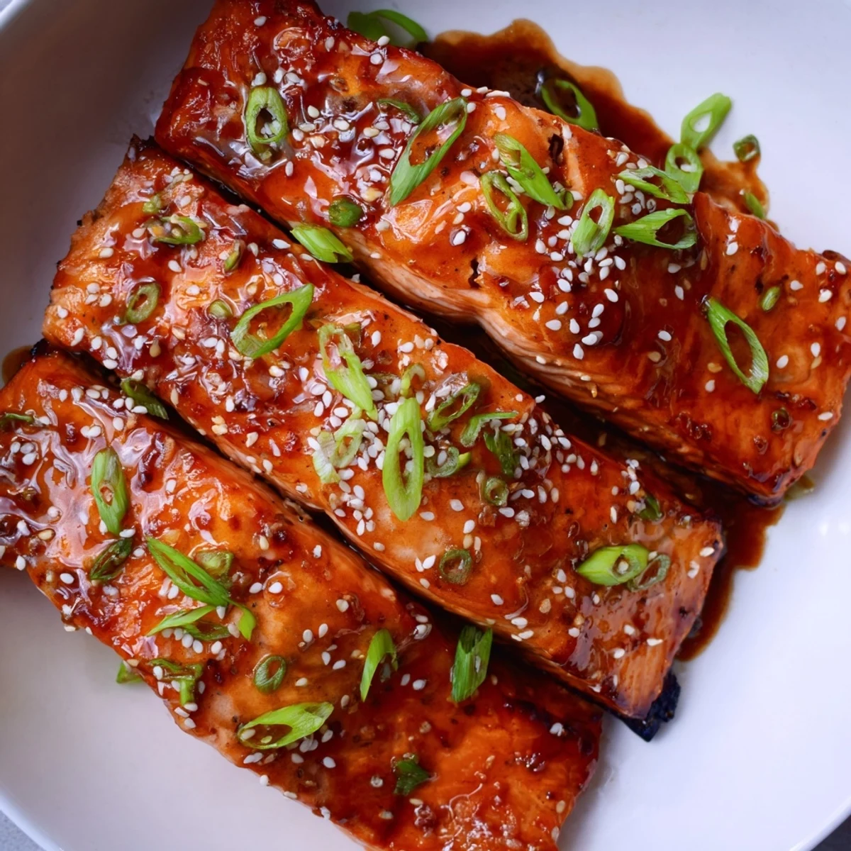 Oven-baked Maple Soy Salmon with shimmering glaze, garnished with sesame seeds and green onions.