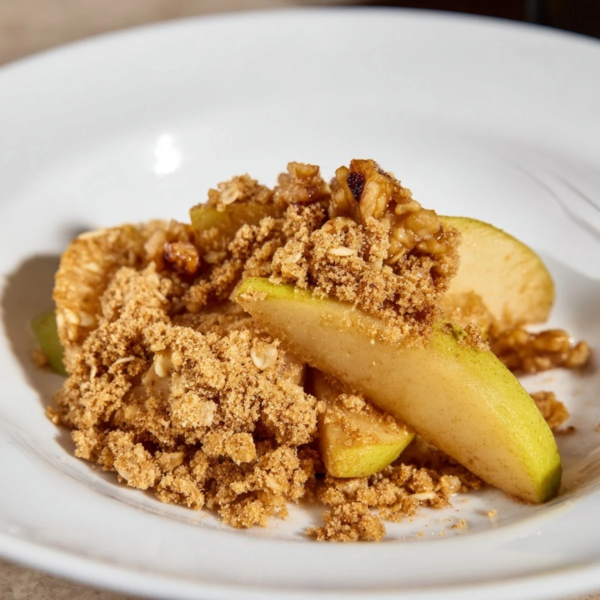 Crisp, nutty oat topping contrasts a soft Baked Toasted Cinnamon Apple; a cozy autumn treat.