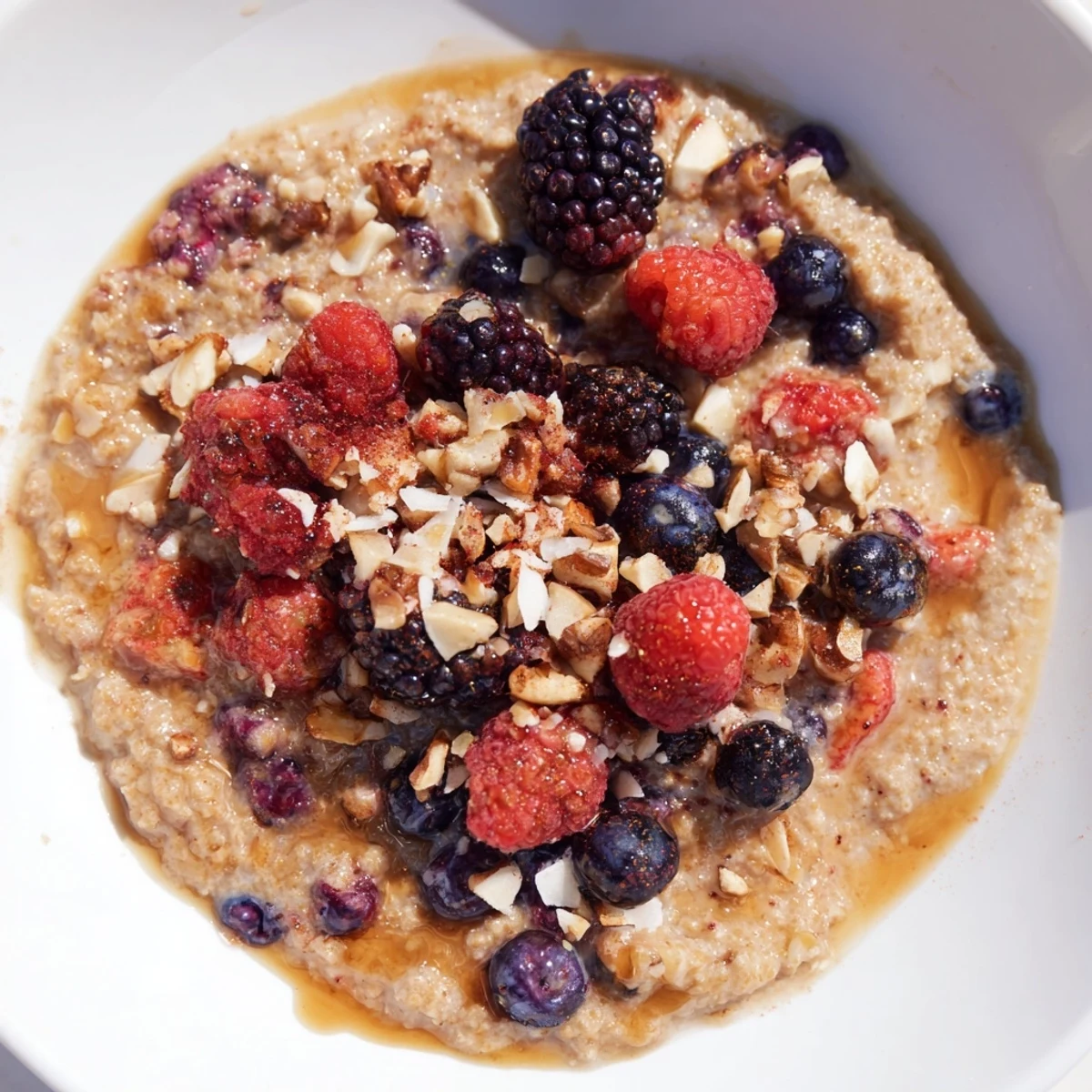Warm, creamy slow roasted buckwheat and berry porridge, brimming with juicy berries, ready to serve and enjoy.