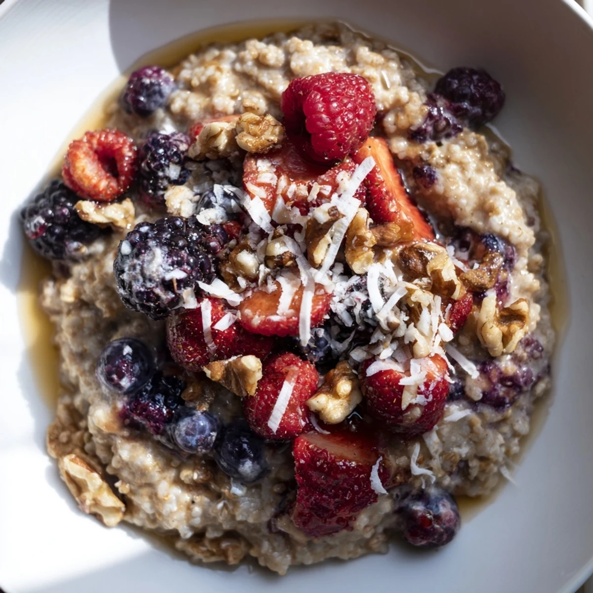 Visual of a steaming bowl of slow roasted buckwheat and berry porridge, with brightly colored berries as topping.