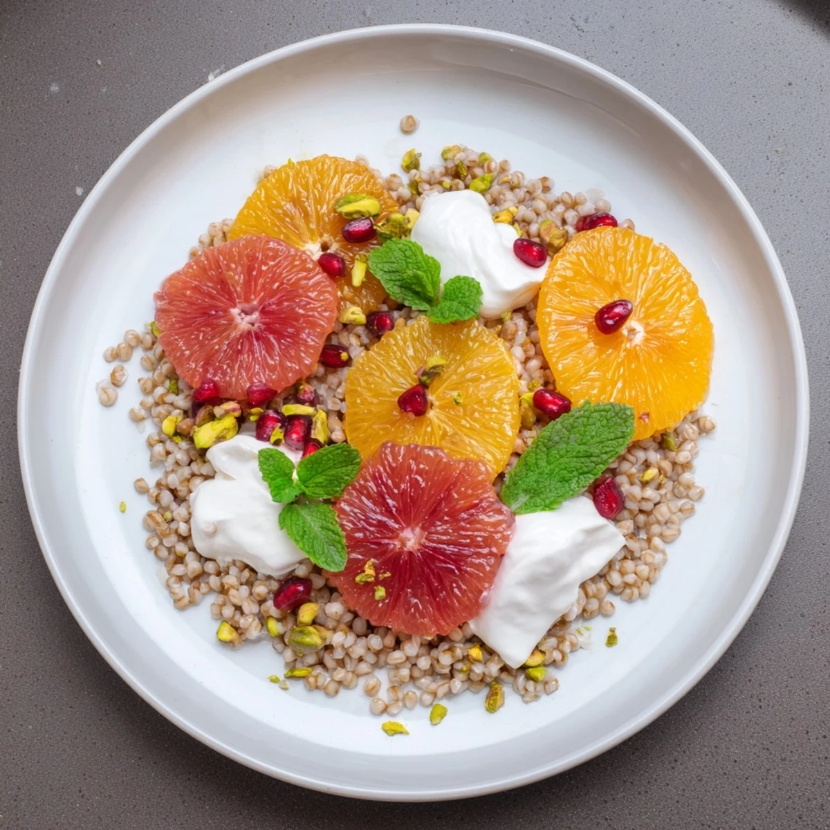 Fluffy Greek yogurt tops a vibrant Barley Fresh Citrus Breakfast Bowl, drizzled with sweet honey and pistachios.