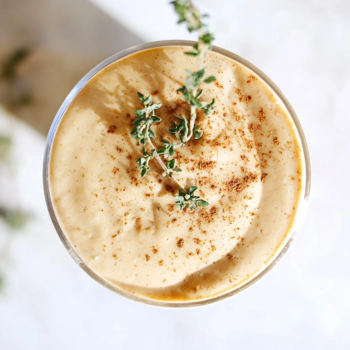 Creamy Thyme Roasted Pumpkin Spice Smoothie, swirled in a glass, ready to drink, garnished with fresh thyme.