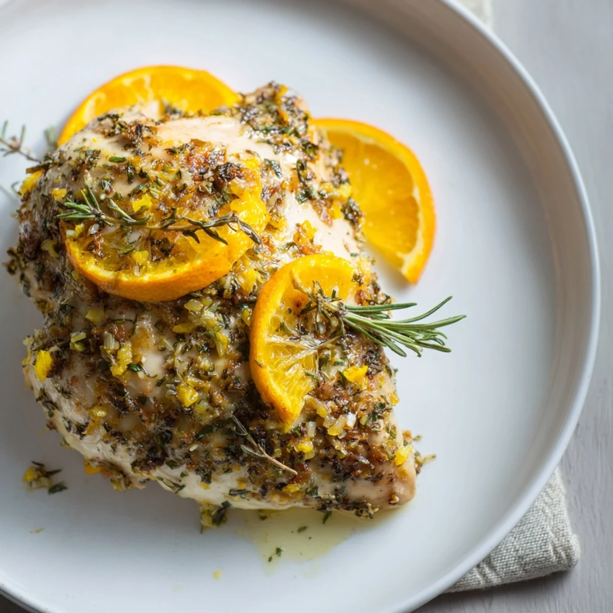 Golden-brown Citrus Herb Chicken, sizzling in a pan with fragrant herbs and citrus juices.