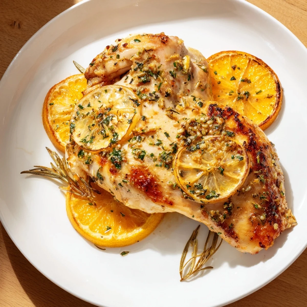 Tender oven-roasted Citrus Herb Chicken, garnished with bright lemon and orange slices, ready to serve.