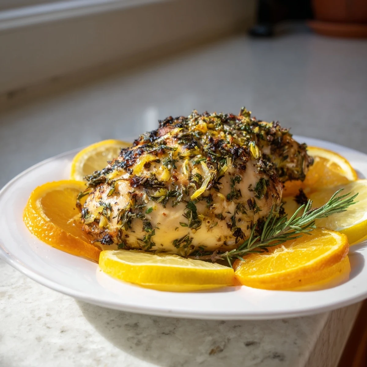 A close-up view of flavorful Citrus Herb Chicken, perfectly cooked and infused with Mediterranean zest.