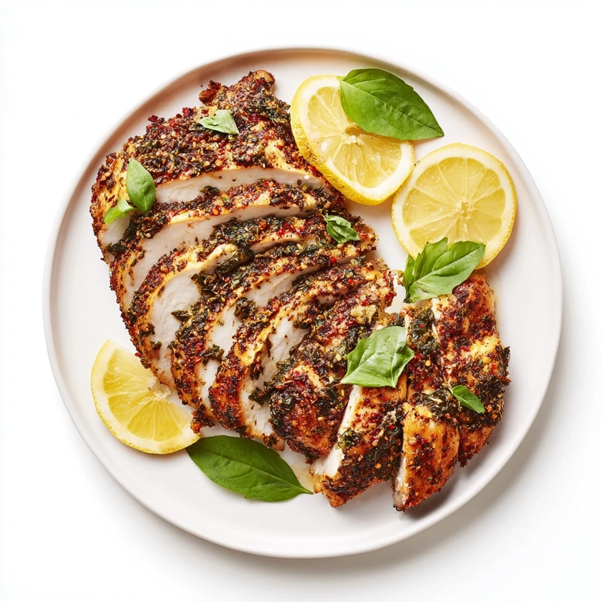 Tender Lemon Basil Chicken, glistening, served with fragrant basil and juicy lemon wedges.