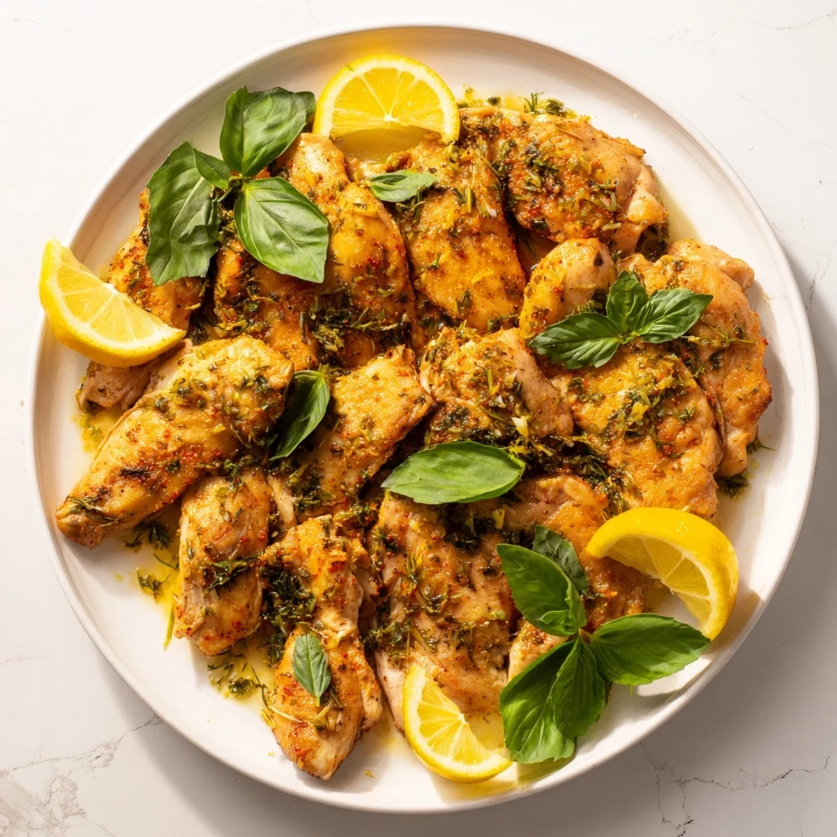 Flavorful baked Lemon Basil Chicken, showing the golden-brown crust and fresh herb garnish.