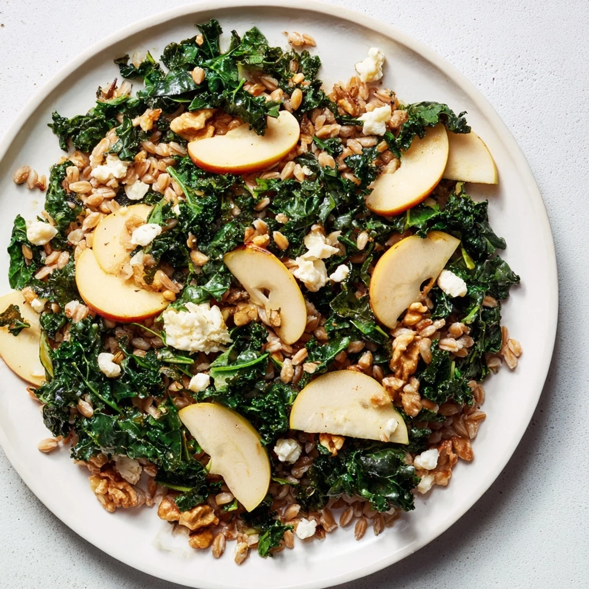 Warm Farro, Apple, and Kale Salad: A vibrant bowl showcasing tender farro, crisp apples and wilted kale.