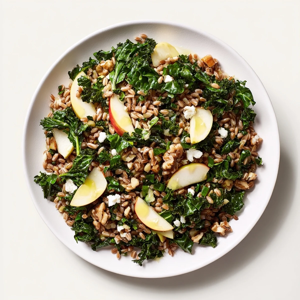 Close-up of hearty Farro, Apple, and Warm Kale Salad with walnuts and feta, a colorful autumnal dish.