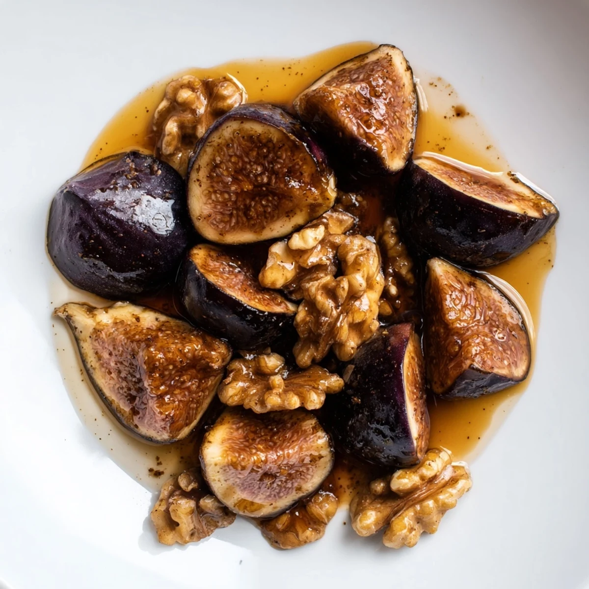 Golden-brown Fig and Walnut Compote, a sweet, warm, and inviting dish, is ready to serve.
