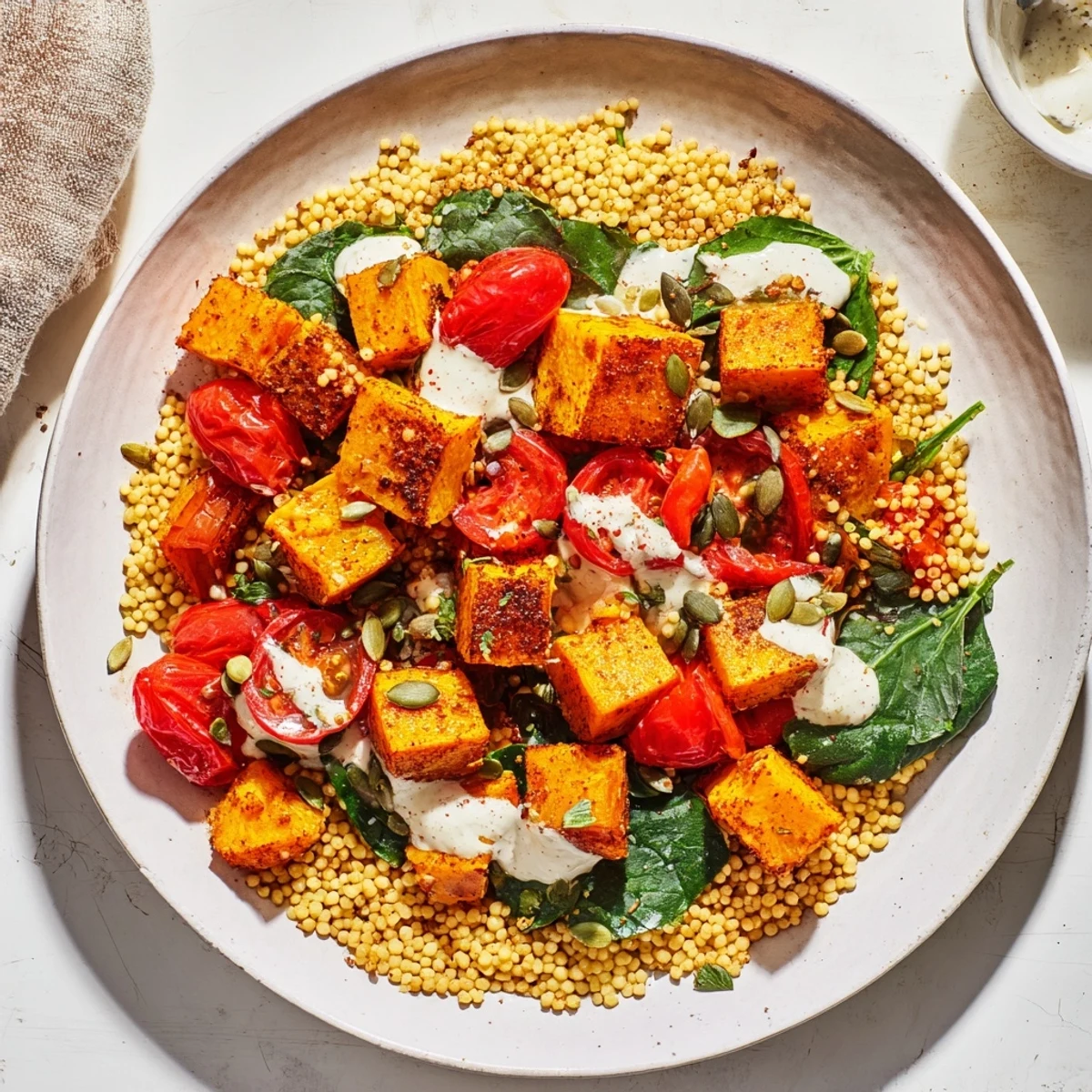 Steaming millet and roasted squash bowl, drizzled with creamy tahini dressing, a vibrant vegetarian meal.
