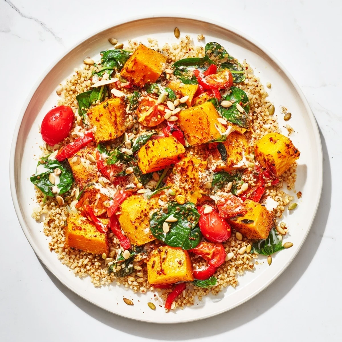 Golden, roasted butternut squash topping a millet bowl, served with fresh greens and a flavorful tahini layer.