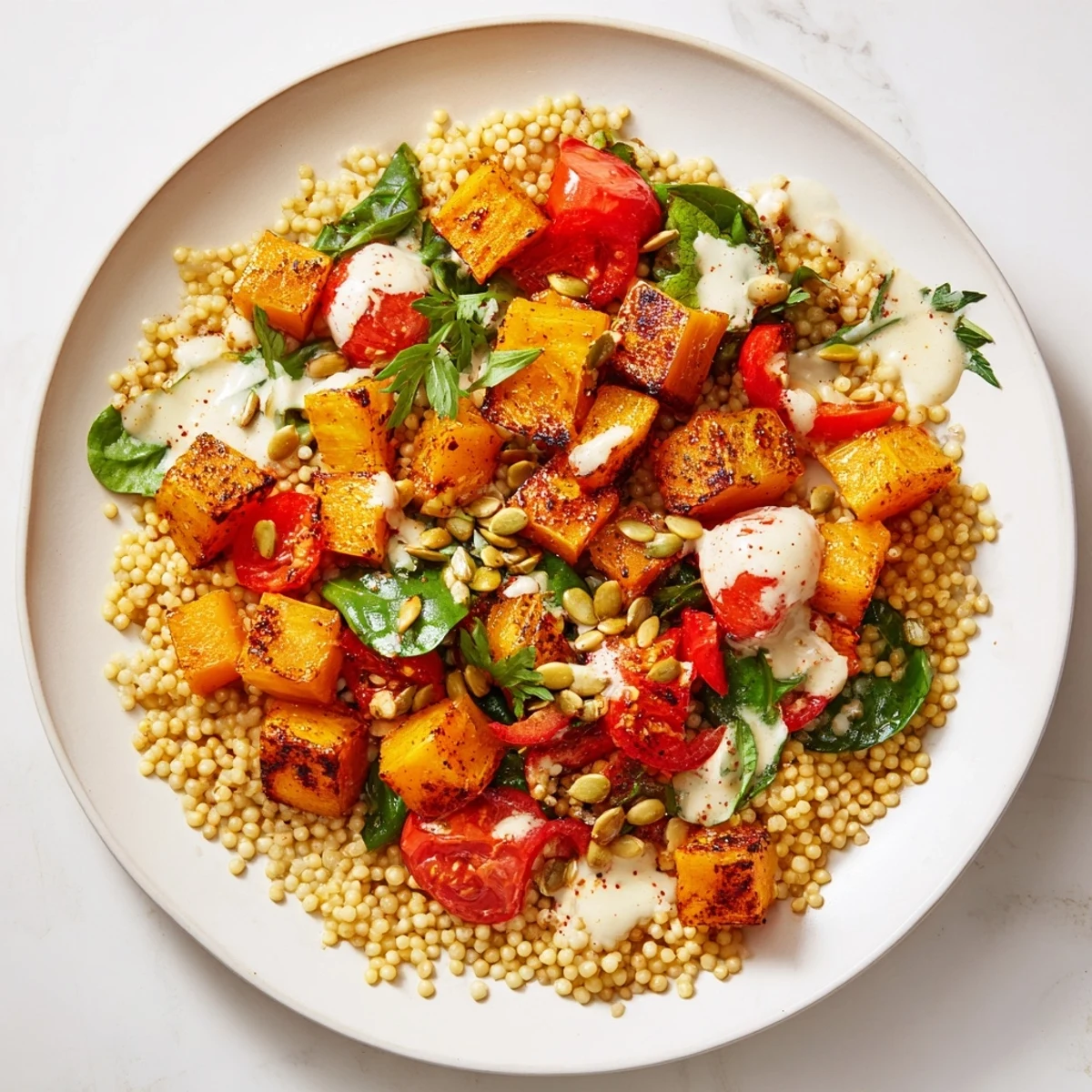 A colorful millet and roasted squash bowl, perfect for a cozy, healthy dinner with toasted pumpkin seeds.