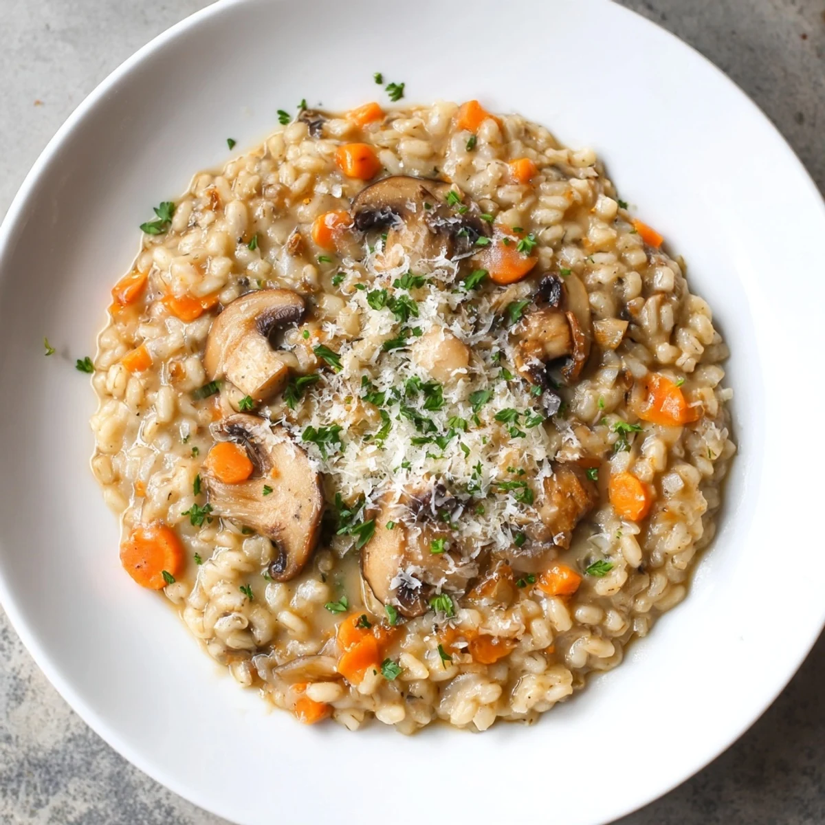 Creamy barley and mushroom risotto, a vegetarian comfort food with Parmesan cheese topping.