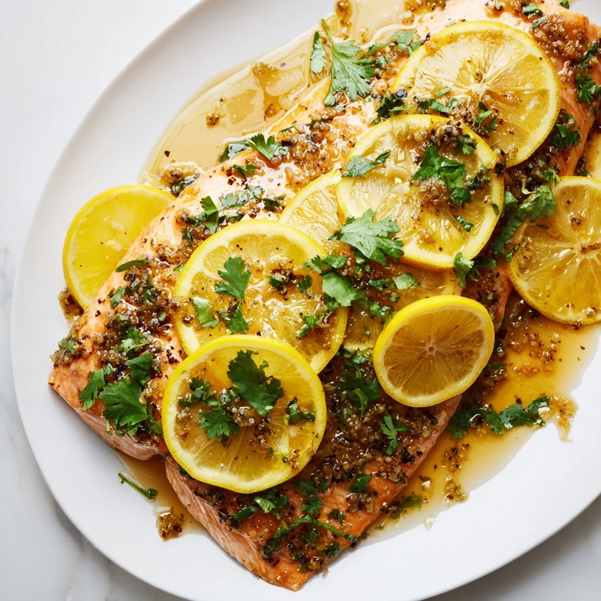 Seared Ginger Scented Lemon Salmon, golden and flaky, served with bright lemon slices on a plate.