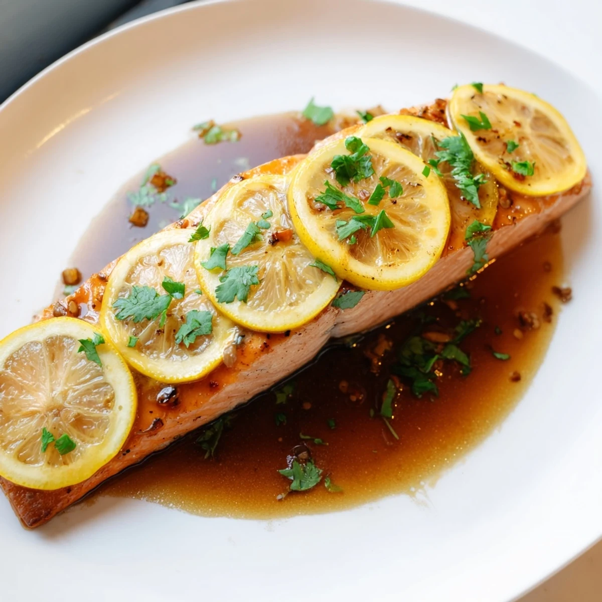 A close-up of beautifully seared Ginger Scented Lemon Salmon, infused with delicious lemon zest and ginger.