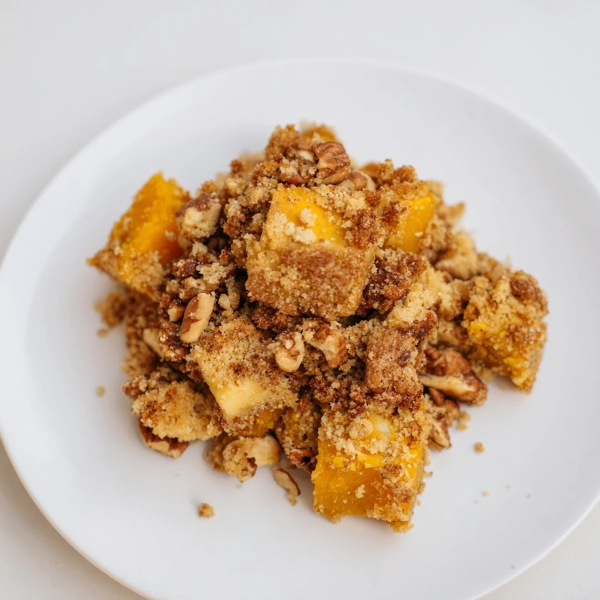 A close-up of a sweet Fresh Citrus Pumpkin Spice Crumble with a golden, crunchy topping ready to eat.