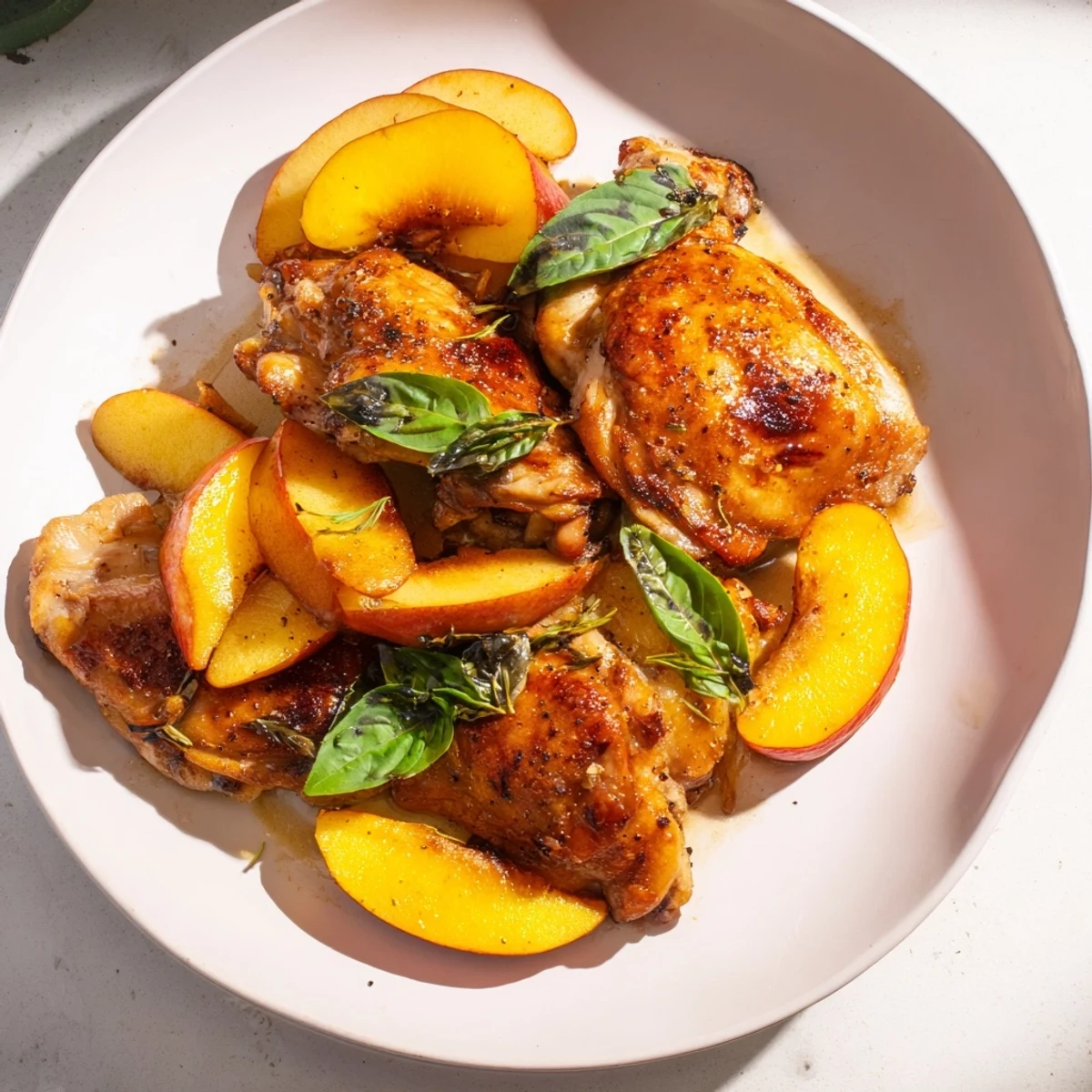 Oven-baked Lemon Pear and Spice Basil Chicken, a flavorful dish with fresh basil garnished over it.