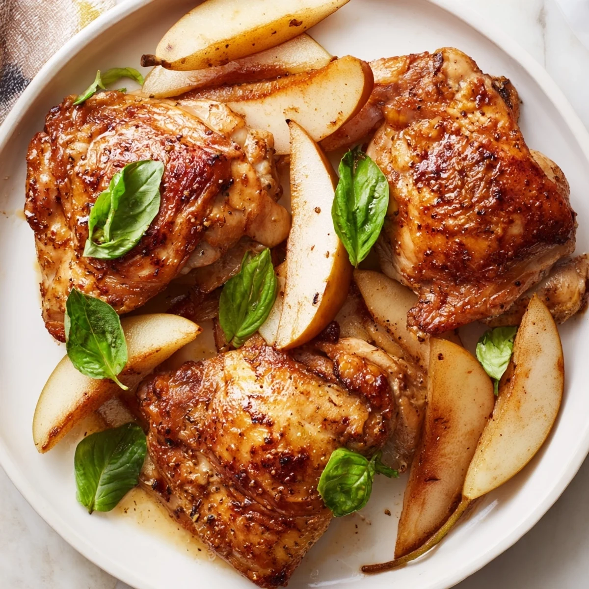 This image showcases a delicious serving of Lemon Pear and Spice Basil Chicken, lightly spiced, ready to enjoy.
