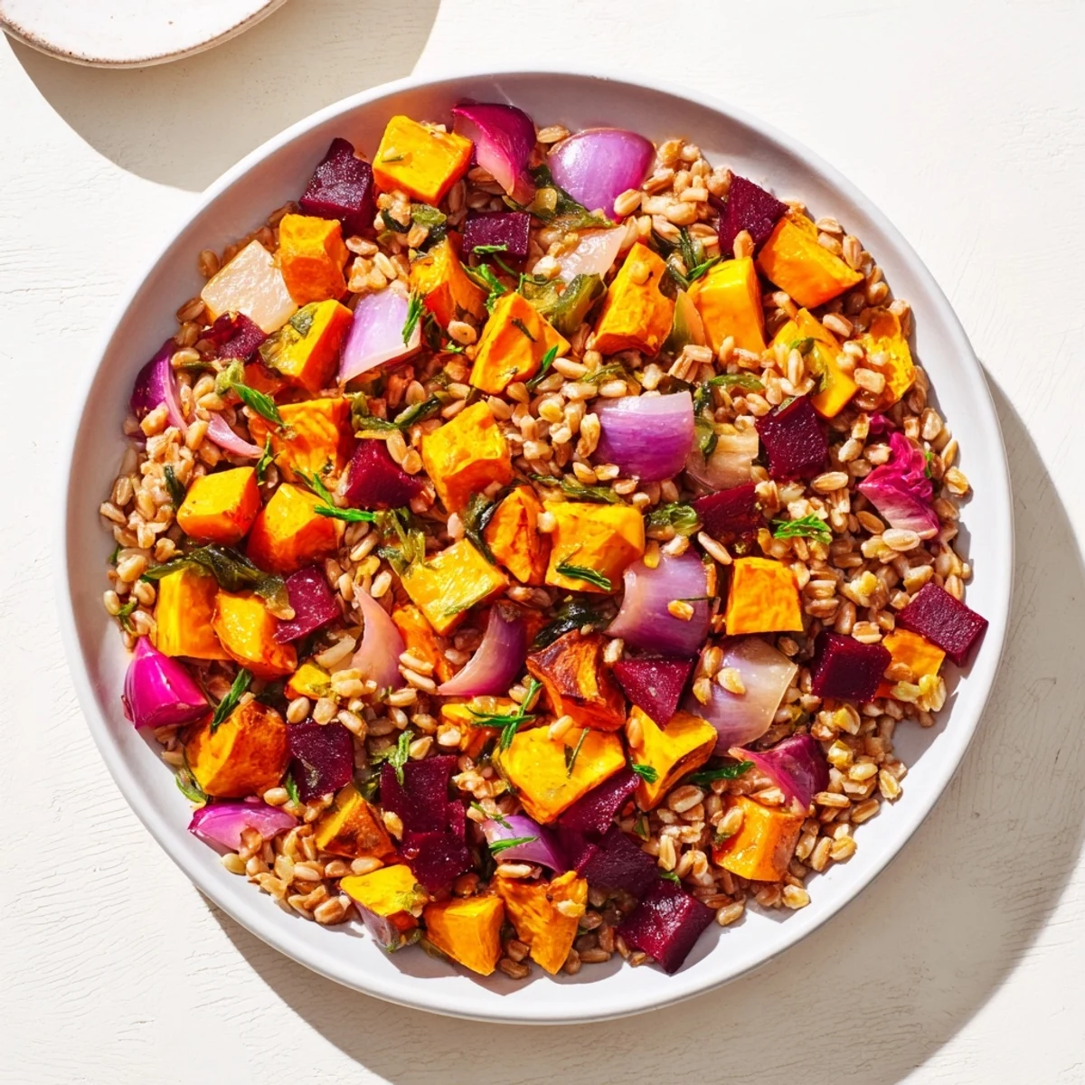 Warm Slow Roasted Winter Farro and Roasted Vegetable Salad, vibrant with caramelized veggies and herbs.