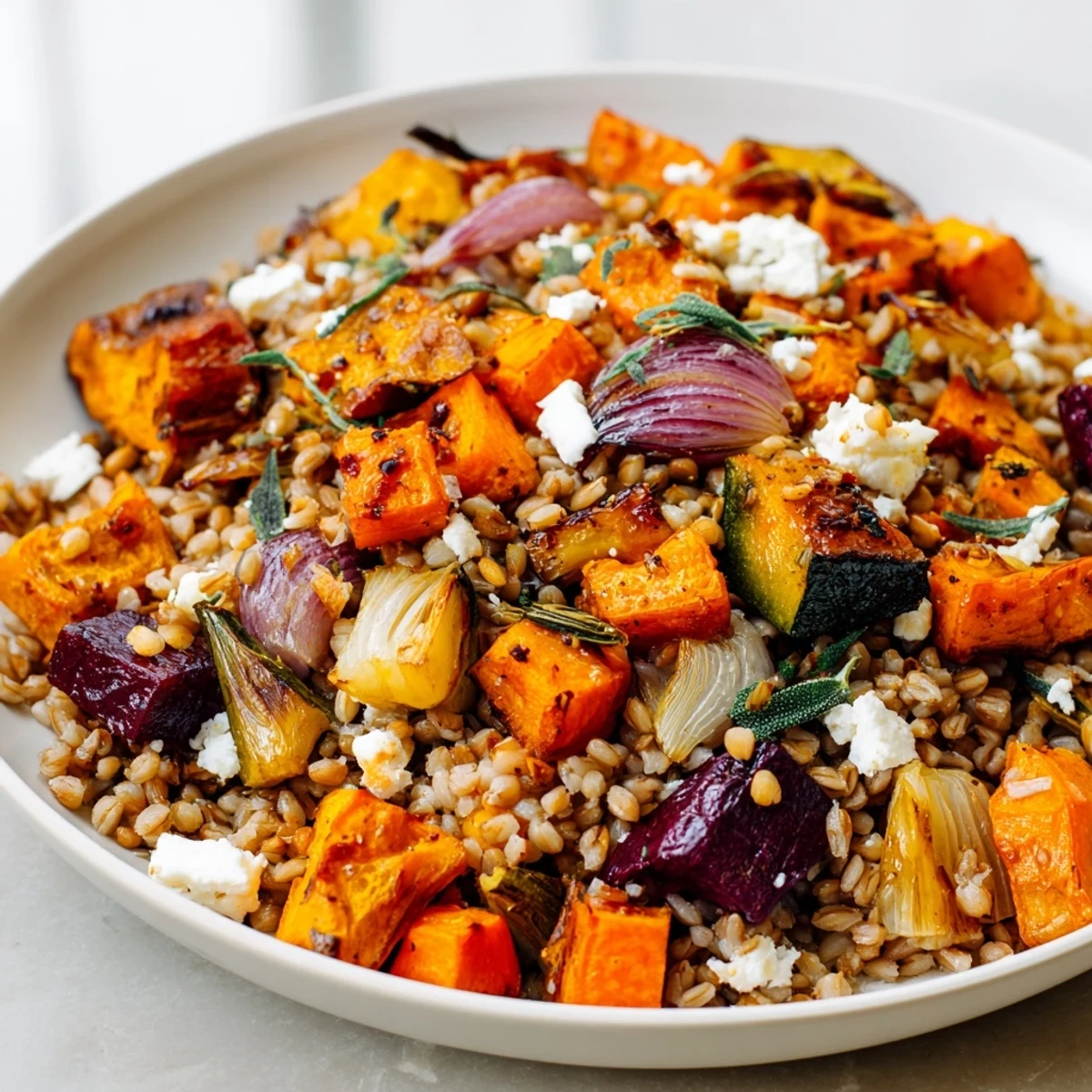 Tender farro and roasted vegetables shine in this Slow Roasted Winter Farro Salad, drizzled with vinaigrette.