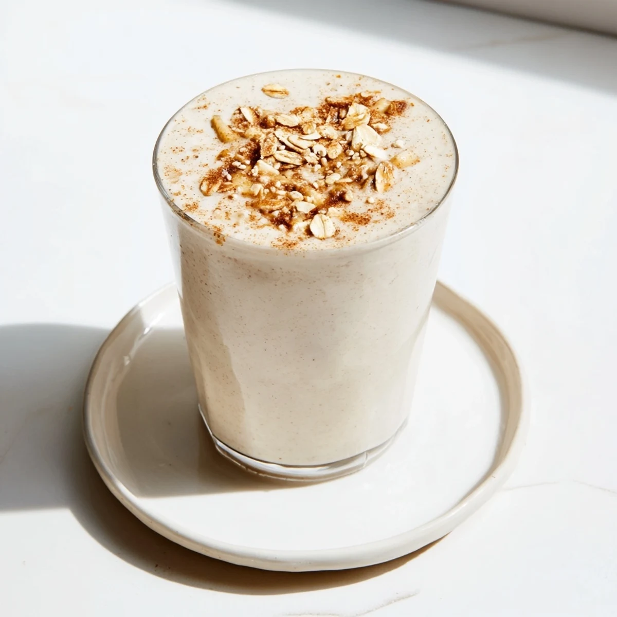 View the rich, warm colors of the Nutty Oat Milk Chai Smoothie, garnished with crushed nuts and cinnamon.