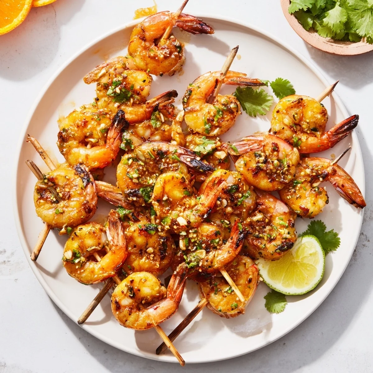 Cardamom Scented Orange Kissed Cilantro Lime Shrimp, grilled to perfection, ready to serve with citrus wedges.