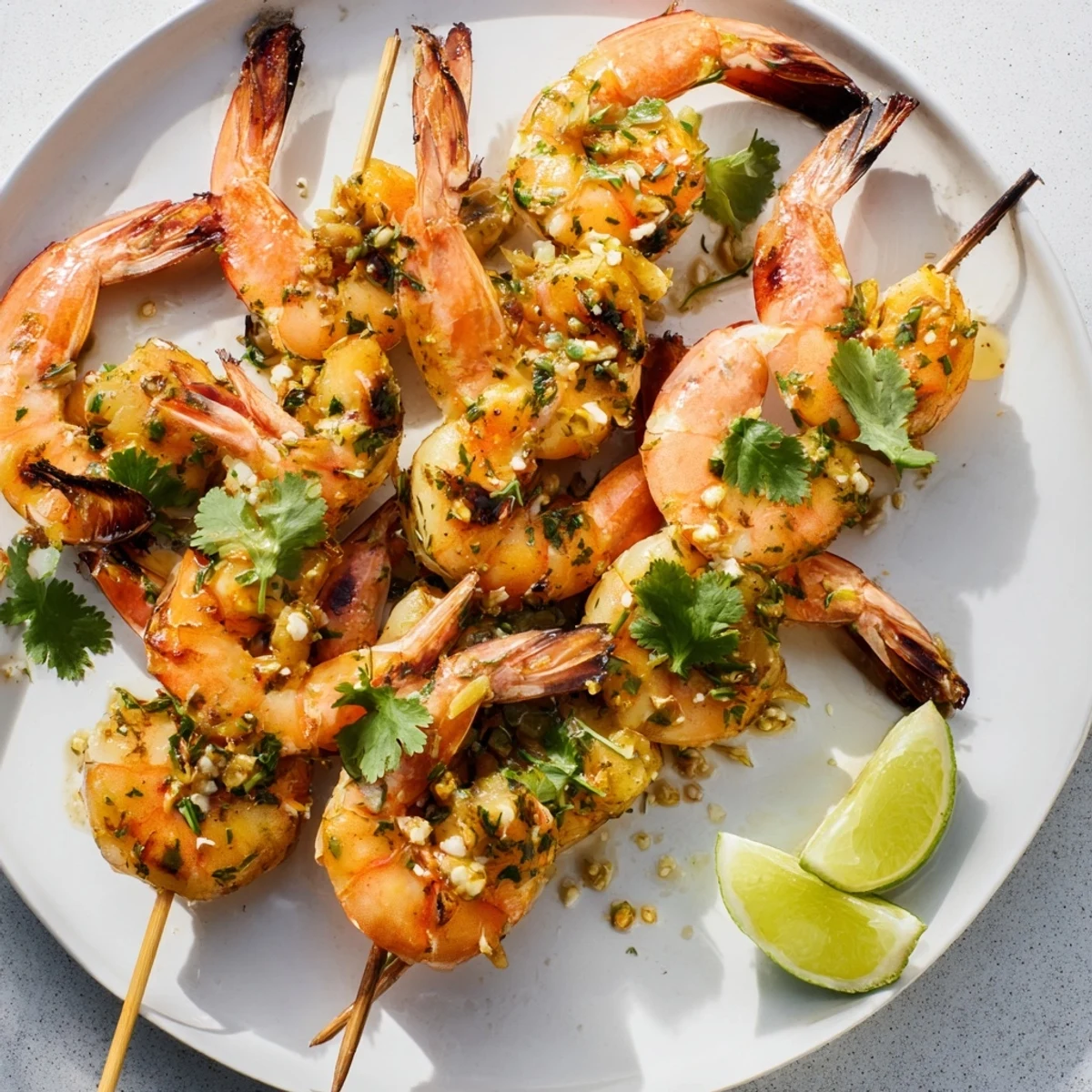 Vibrant Cardamom Scented Orange Kissed Cilantro Lime Shrimp, garnished with fresh cilantro and juicy citrus.