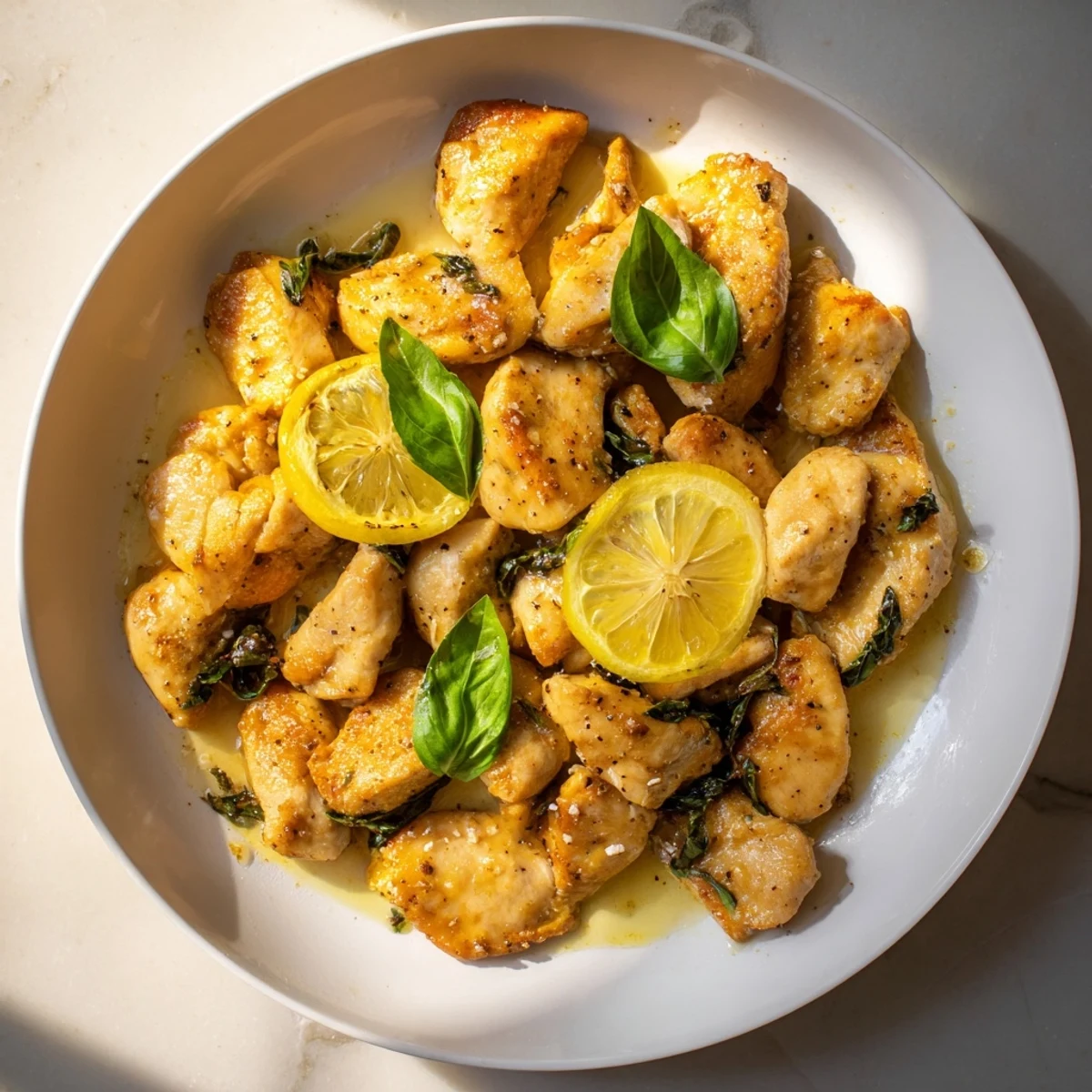 Golden Lemon Basil Chicken, perfectly seared with fresh basil, ready for a flavorful bite.