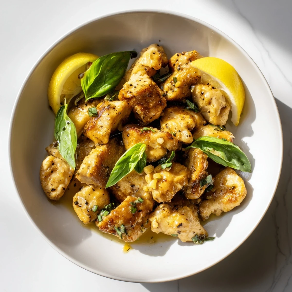 Vibrant Lemon Golden Basil Chicken, glistening with a rich lemon butter sauce, garnished with extra basil.