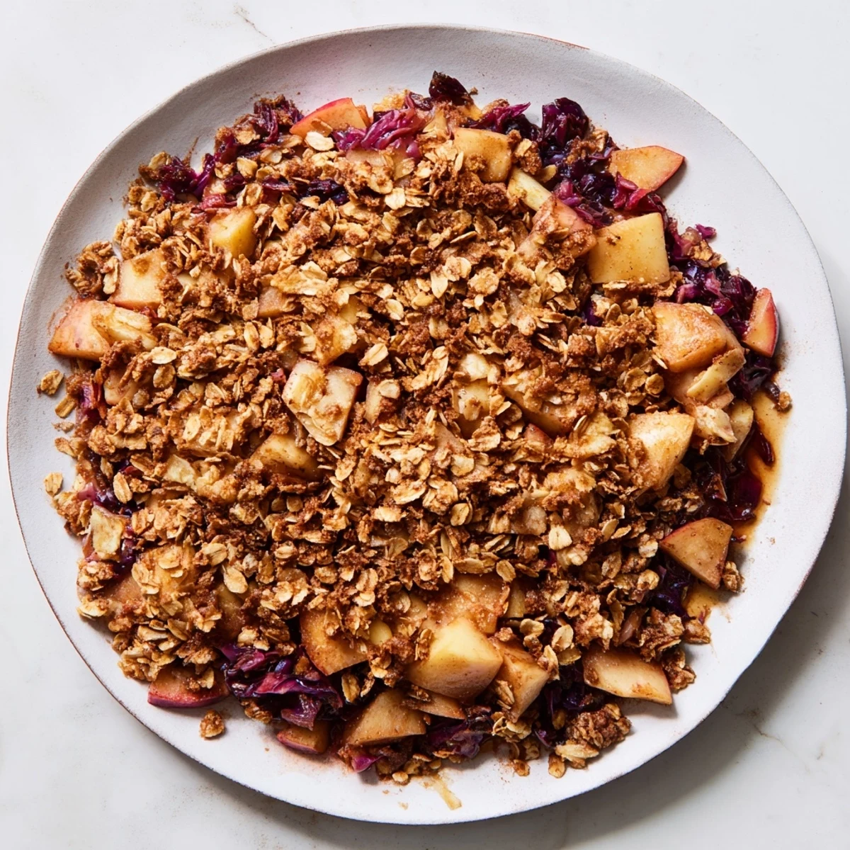 Tender Braised Red Cabbage with crunchy oat topping, offering a taste of savory apples and aromatic spices.