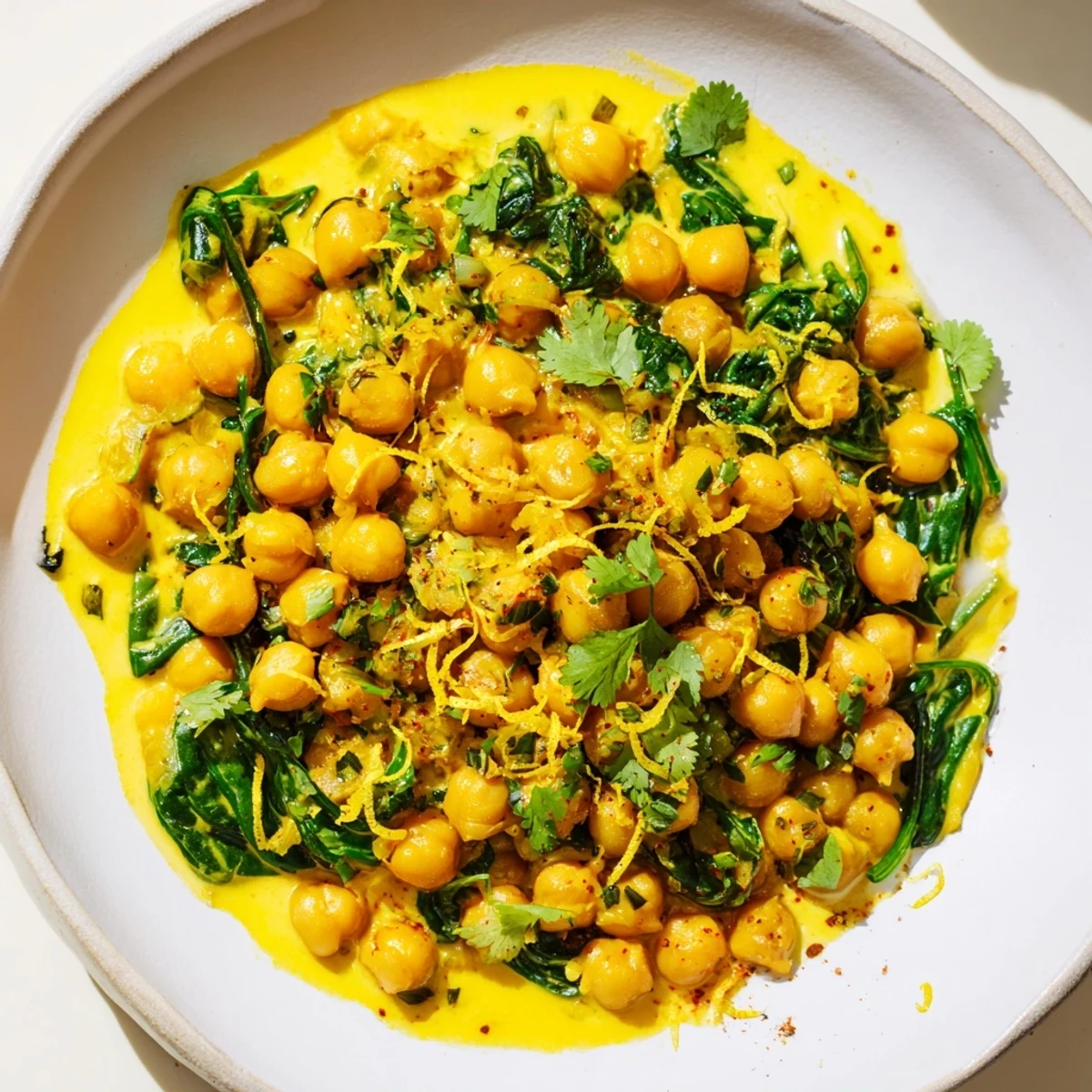 Golden-hued Vanilla Scented Turmeric Chickpea Skillet, a vegetarian dish with vibrant spinach.